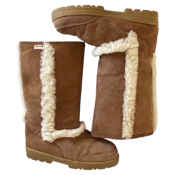 BearPaw Kendall Hickory Suede Tall Boots Sherpa Sheepskin Lining Size 10 Pull On - Picture 7 of 12